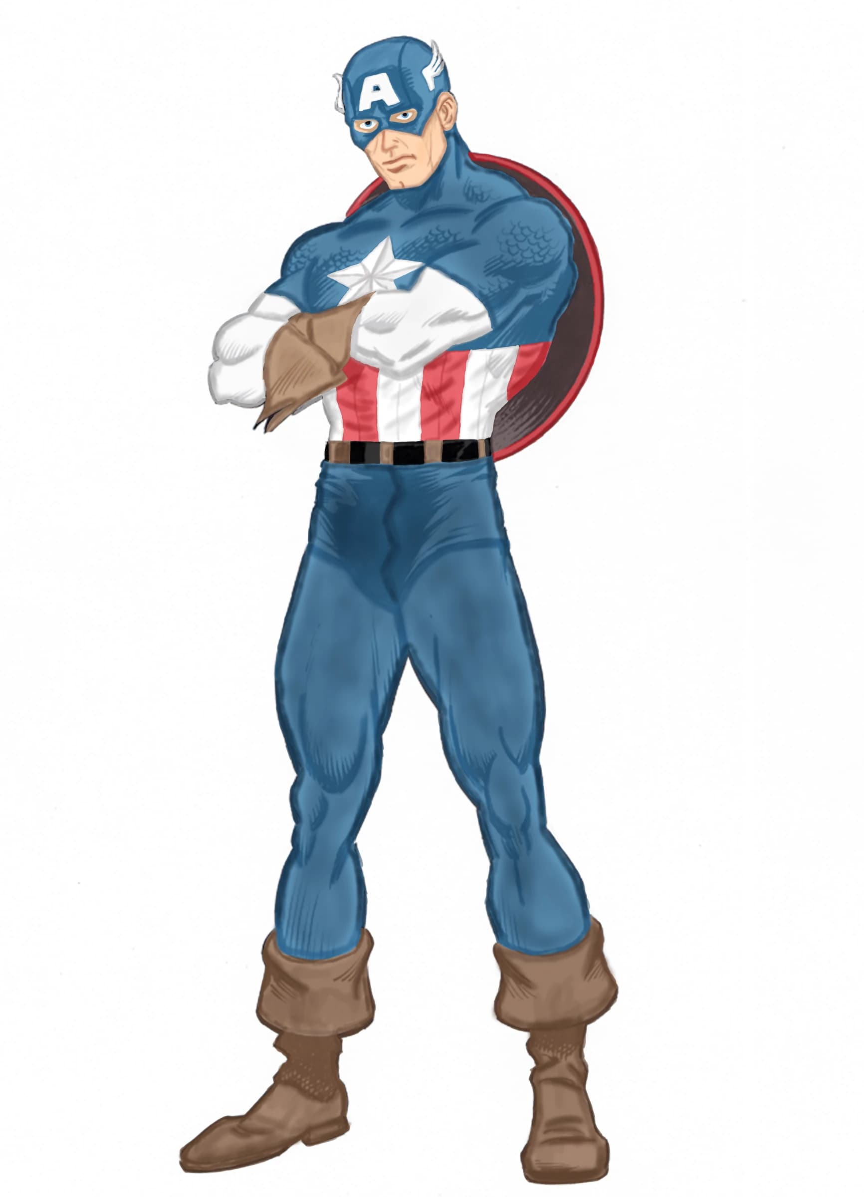 Illustration of the comic character Captain America standing with arms crossed, in a blue suit with a white star and red and white stripes, brown boots and a round shield behind him, on a white background.