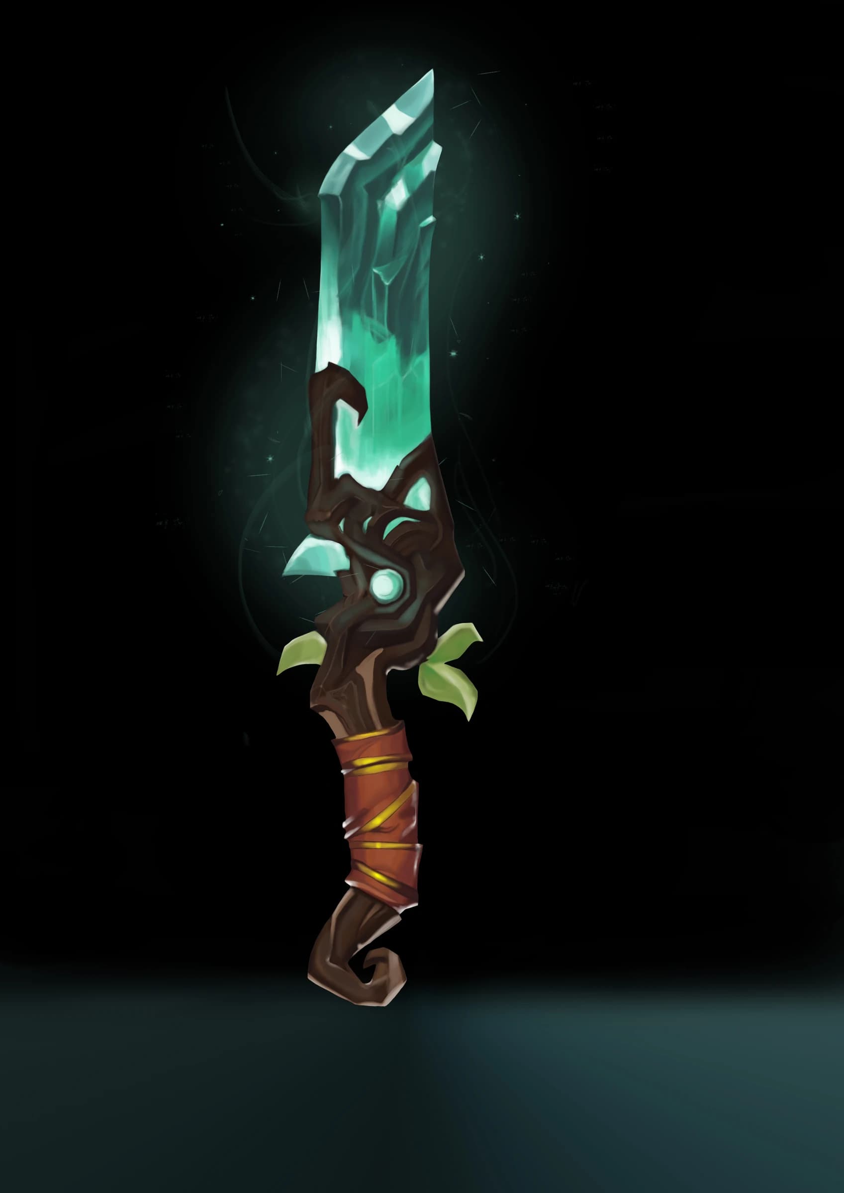 Painting of a glowing teal crystal blade with a carved wooden hilt wrapped in orange leather and two small green leaves, on a dark background.