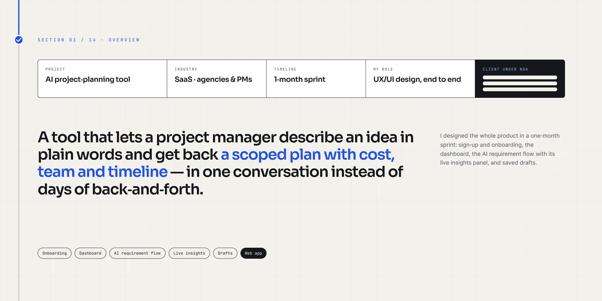 Overview page for an AI project-planning tool: project, industry (SaaS for agencies and PMs), timeline (1-month sprint), role (UX/UI design, end to end) and a “Client under NDA” tag, with a statement about getting a scoped plan with cost, team and timeline in one conversation.