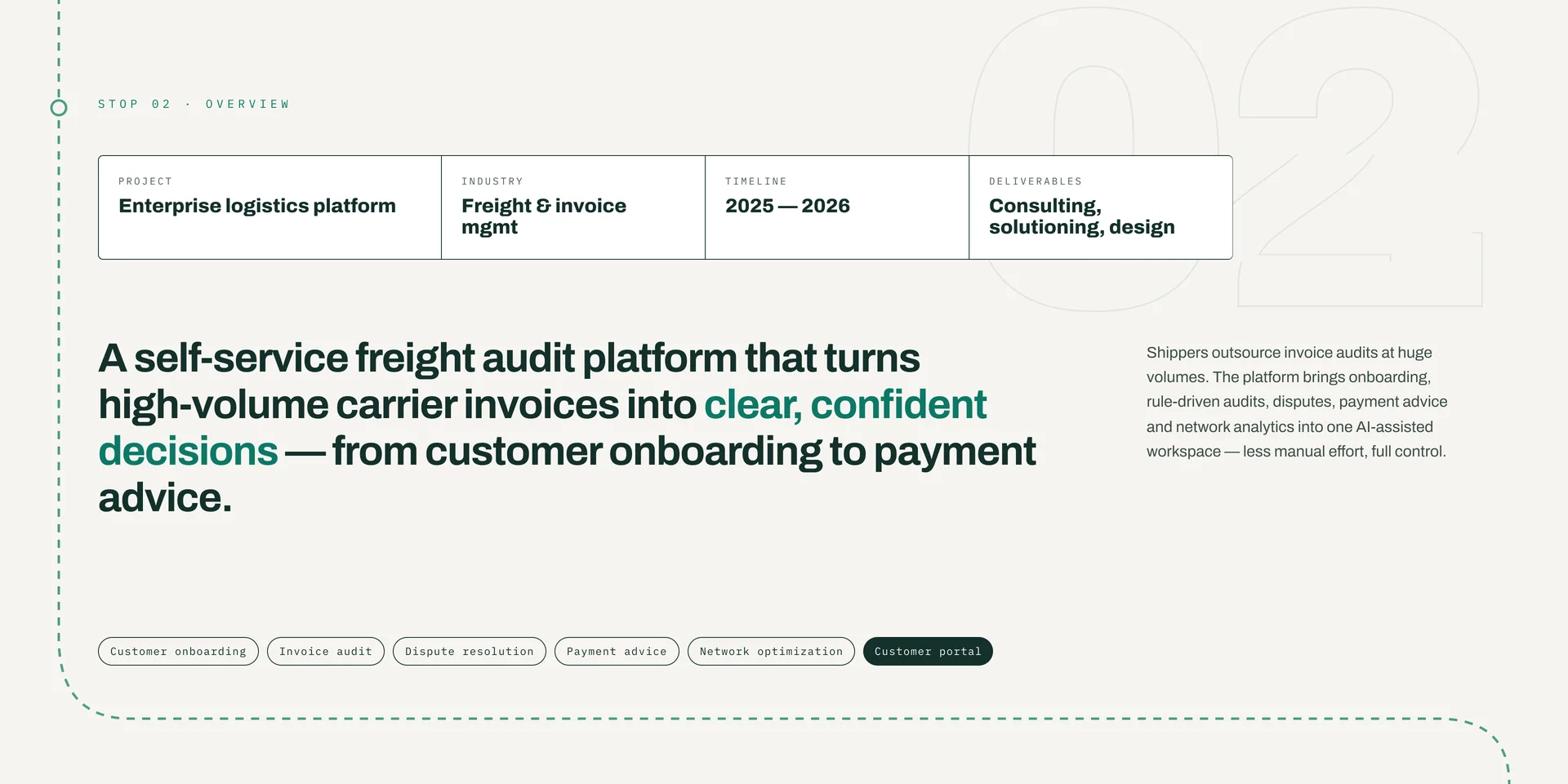 Overview page. A four-cell summary (project: enterprise logistics platform; industry: freight and invoice management; timeline 2025–2026; deliverables: consulting, solutioning, design), a statement about a self-service freight audit platform, and six topic chips.