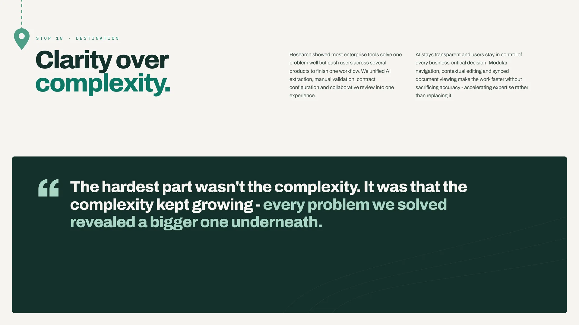 “Clarity over complexity.”: two paragraphs on unifying AI extraction, validation, contract configuration and collaborative review, above a dark panel quoting “The hardest part wasn’t the complexity. It was that the complexity kept growing.”